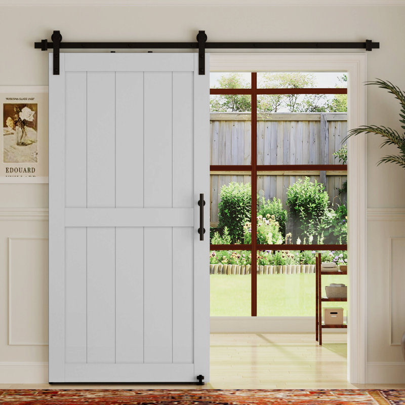 Porte de grange en forme de K en L 34 po x l 84 po en MDF blanc avec quincaillerie complète (comprend l'ensemble de glissières et la poignée de porte)