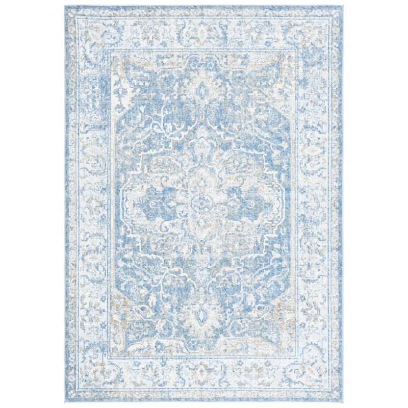 Yamber Orlando Felt/Velvet/Laminated Film Machine Washable Southwestern Rug in Blue/Gold, Rectangle 4' x 6'
