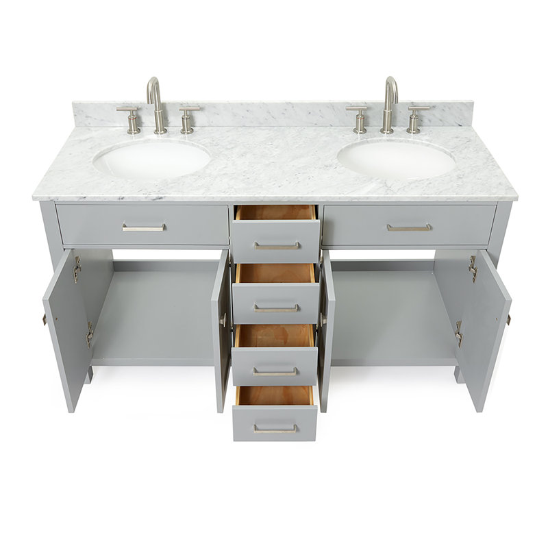 Meuble-lavabo double 60 po avec plateau en marbre blanc de Carrare Aberdeenshire, gris