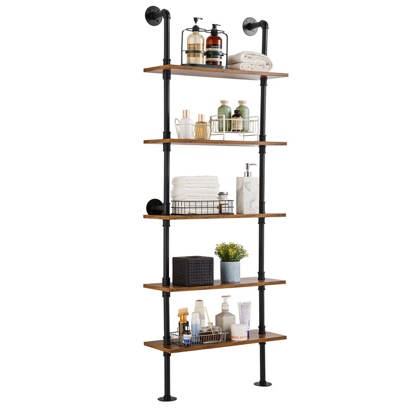 5 Piece Square Steel; Wood Floating Shelf