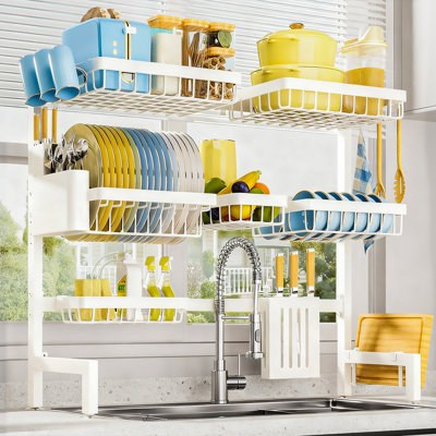 Dish Drying Rack - Over The Sink Dish Drainer Drying Rack with Utensil & Knife Holder, Hooks, Stainless Steel Kitchen Organizers and Storage Solution, 11.8" D x 31.5"~39.0''W x 30" H, White