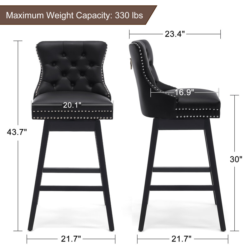 Swivel Bar Stools Set of 2, PU Leather Bar Chairs with Button Tufted Front and Ring Pull Back, 30" Bar Height Stools with Solid Wood Legs for Kitchen Island or Bar, Black