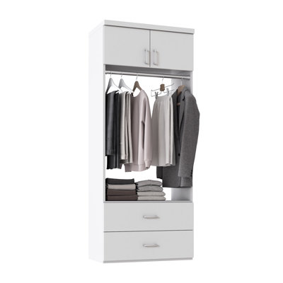 Tranquil White 31.5" Wall-Mounted Closet Section with Slab Doors, 1 Clothing Rod, 1 Shelf & 2 Slab Drawers
