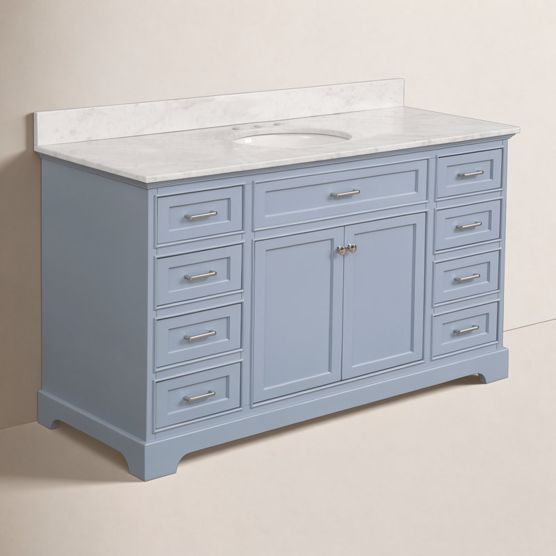 Ensemble de meuble-lavabo simple 60 po avec comptoir bleu poudre Ronnie, Marbre de Carrare, Bleu poudre