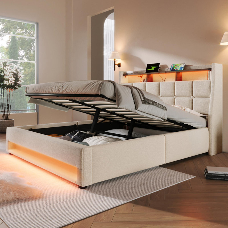 Storage Bed With Led And Usb Linen, Beige, Super King (6')