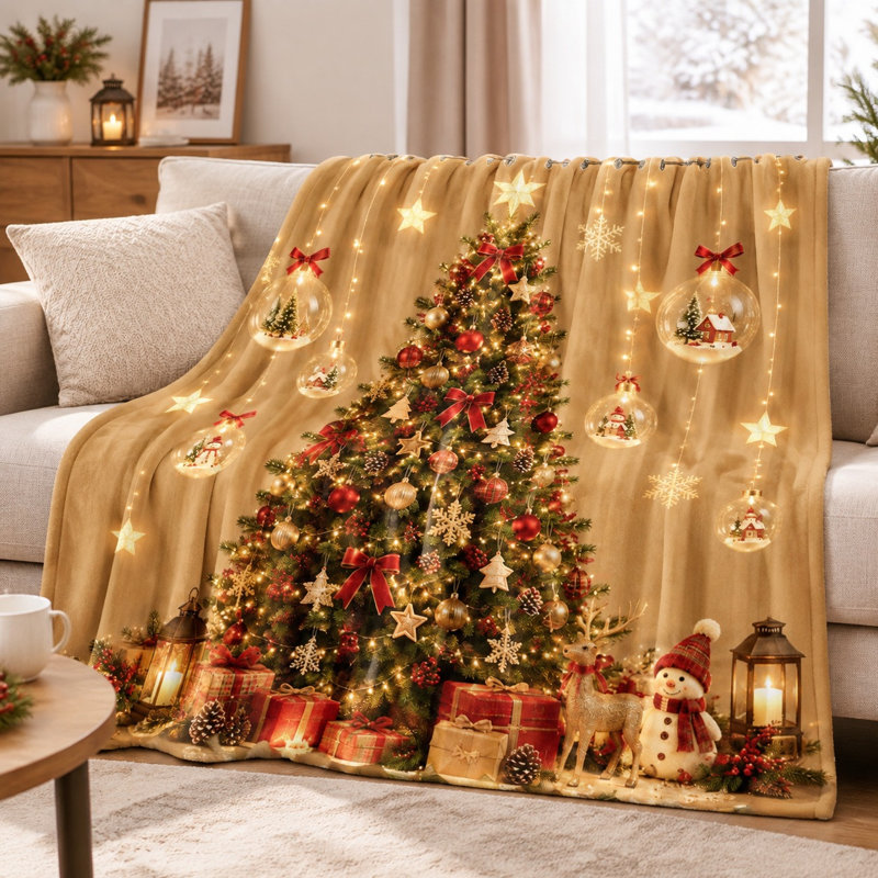 Plaid polaire douillet à motif de sapin de Noël, couverture chaude et moelleuse pour les fêtes d'hiver, idéale pour le canapé, la chambre ou le salon. Décoration intérieure.