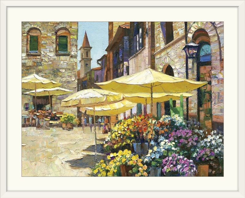 «Siena Flower Market» par Howard Behrens, reproduction d'art, Cadre blanc, H 35 po x l 44 po x P 1 po