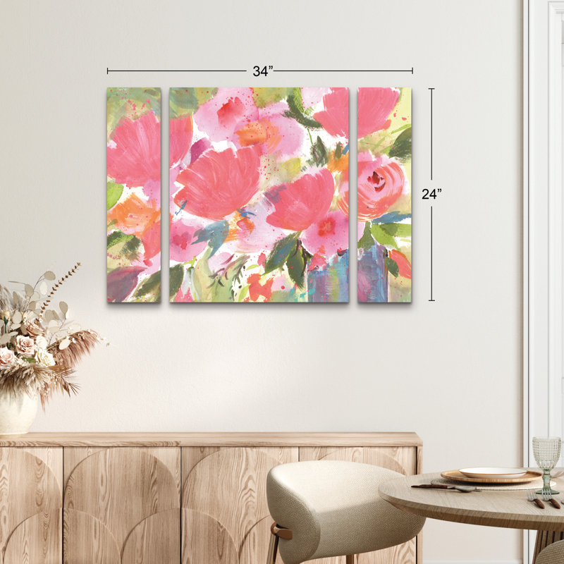 Ensemble de 3 panneaux - Sheila Golden «Pink Celebration Bouquet», art mural sur toile pour le salon, la chambre à coucher ou le bureau 