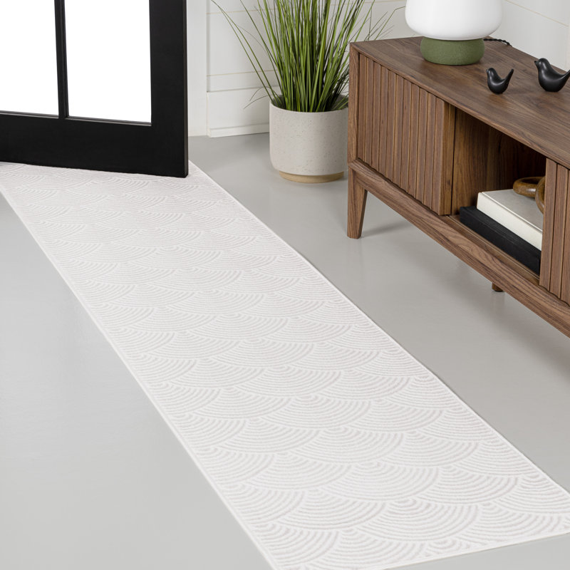 Simsbury Geometric Art Deco Fan Pattern High-Low White/Light Gray Rug, Runner 2' x 8'