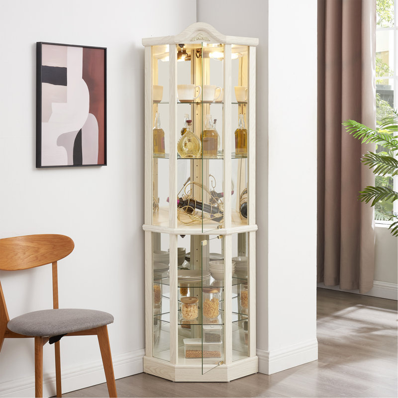 Lighted Glass Display Cabinet Corner Curio Cabinet with Adjustable Shelves Carved Decoration Wine Cabinet Perfect for Home or Office Use