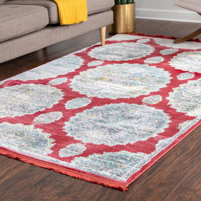 Tapis oriental en polypropylène tissé à la machine en rouge / gris / bleu, Rectangle 5 pi 5 po x 8 pi