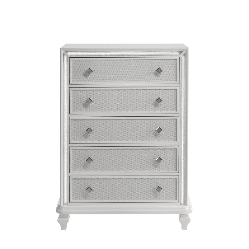 Commode haute avec 5 tiroirs et lumières DEL Stacy, bois blanc Stacy
