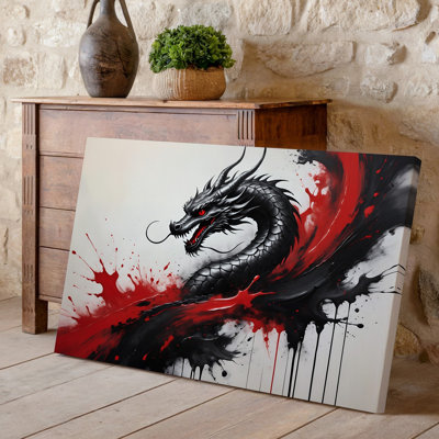 Toile, "Un dragon stylisé dynamique" se dégage d'une masse tourbillonnante d'art mural, encre noire et rouge éclatante