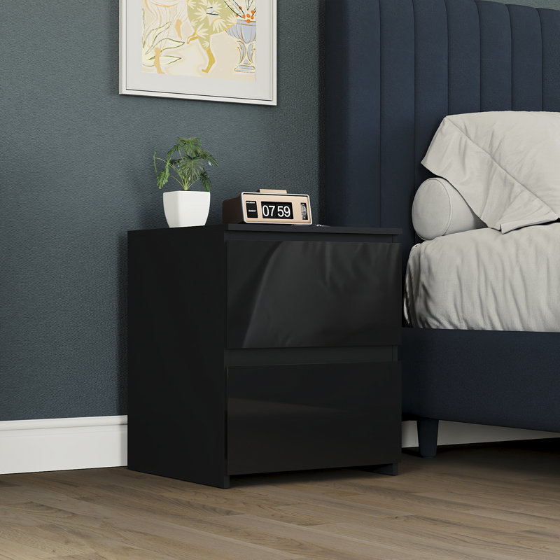 2 Drawer High Gloss Bedside Chest (FSC 100%) Bedroom Home Bedside Furniture, Black