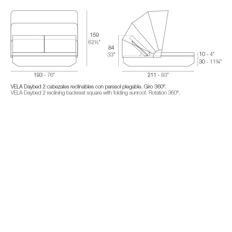 Vela - Daybed with 2 Reclining Backrests and Folding Canopy - 83"x76" - Basic