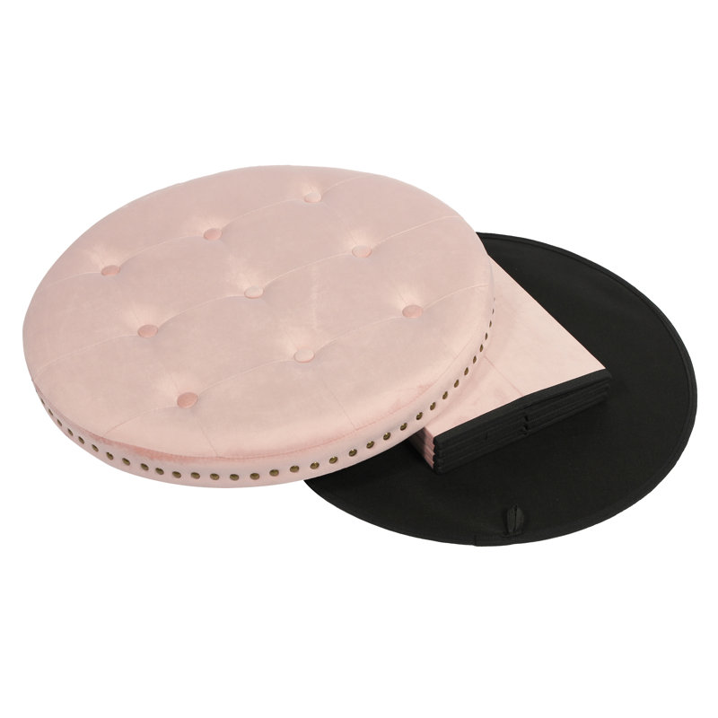 Evony 58cm Wide Velvet Tufted Round Ottoman with Storage, Pink