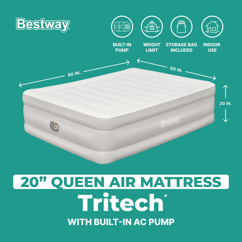 Matelas gonflable pour grand lit 20 po Bestway Tritech, lit pneumatique avec pompe CA intégrée, gris chaud, Queen, Grey
