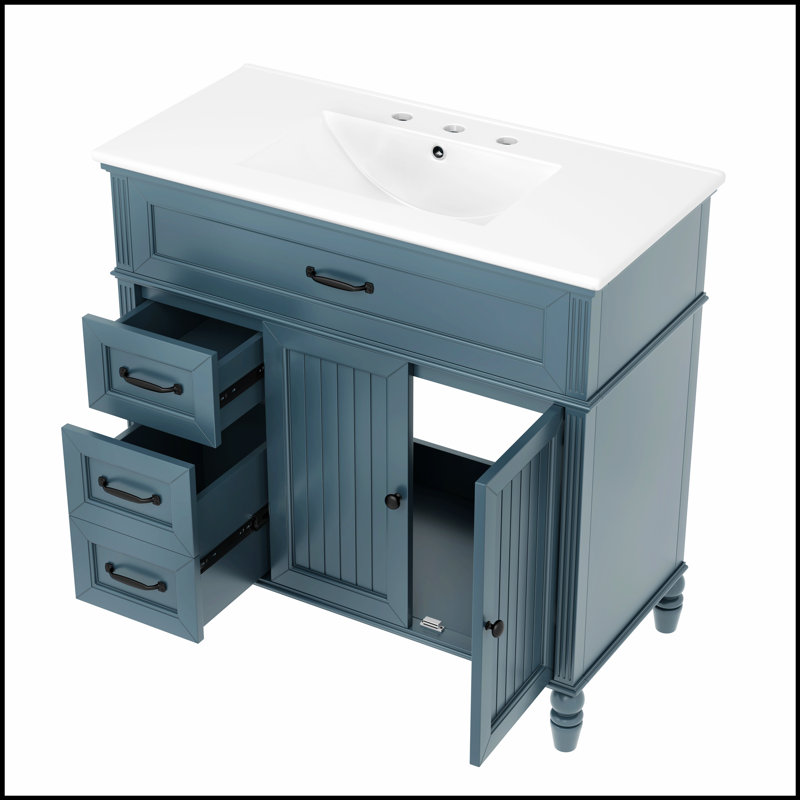 Meuble-lavabo bleu 36 po avec lavabo, structure durable, panneau de fibres à densité moyenne, rangement spacieux et design moderne pour tout décor