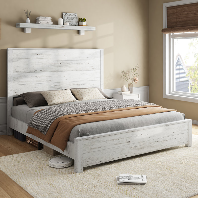 51.2" Solid Wood Bed Frame, Rustic Platform Bed With Spliced Headboard, Antique White, Queen