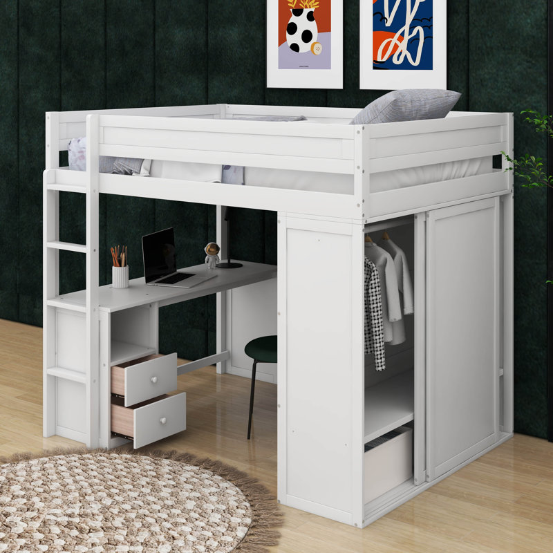 Lit mezzanine double avec placards et bureau, Blanc