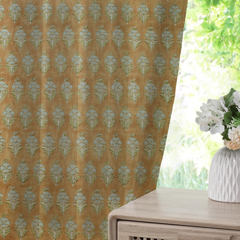 Fabdivine, Gray or Brown Floral Pattern , Pinch Pleated Curtain Handmade Block Print Bohemian Soft Pure Linen Fabric with Blackout Kitchen, Room Darkening, Mor Mukut