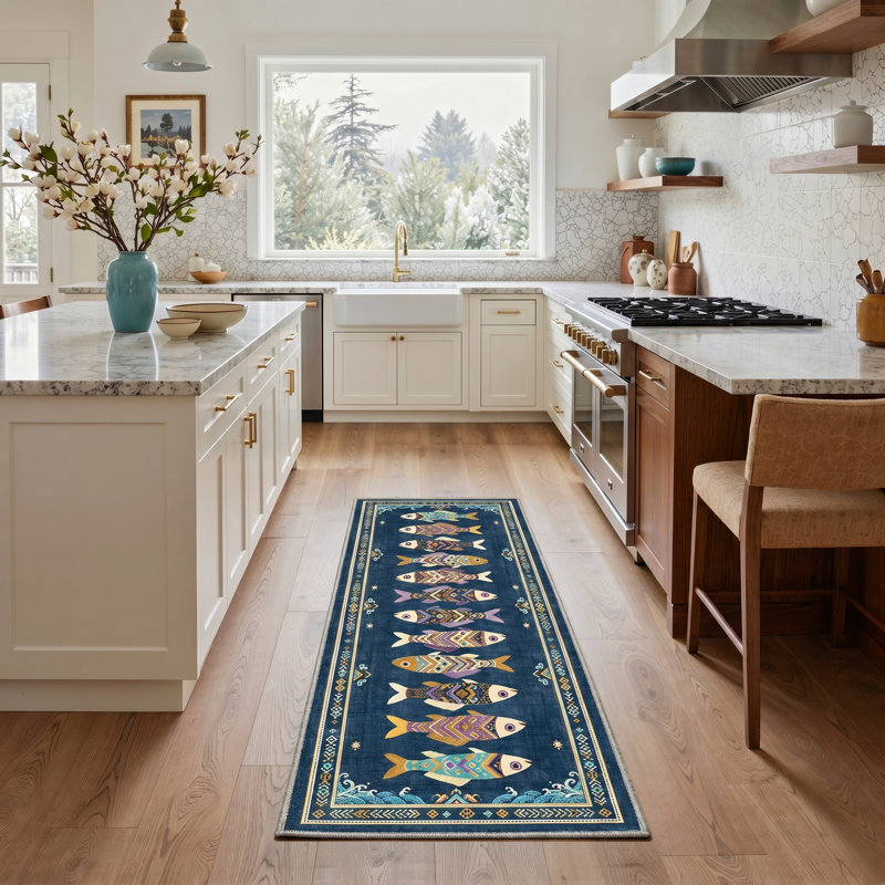 Soleil Geometric Machine Washable Blue Indoor Area Rug with Non-Slip Backing, Runner 2' x 7'