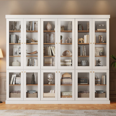 Bibliothèque standard H 71 po x l 87 po, armoire de rangement autoportante avec porte en verre Dislplay pour la maison, le bureau, la clinique, le garde-manger, ensemble de 3, blanc