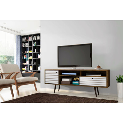 Liberty 71" Mid-Century Modern TV Stand with 4 Shelves and 1 Drawer for TVs up to 65" in White and Rustic Brown
