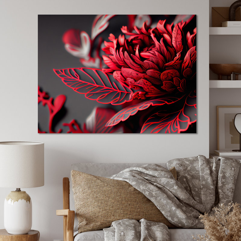 «Blossoming Rose» en rouge et gris II - art mural floral, H 24 po x l 32 po x P 1 po, Métal