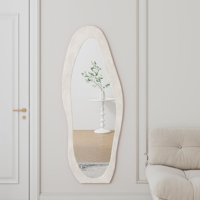 Full Length Mirror, 63" X 24" Floor Mirror/ Wall Mirror, Flannel Wrapped Wooden Frame Floor Mirror,Irregular Wavy Mirror Standing/Halling Large Wall Mirror For Bedroom,Living Room, Dressing Room White
