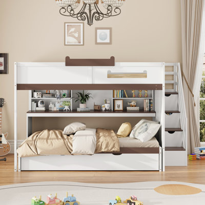 Full Over Full Bunk Bed with Twin Size Trundle and Staircase, Shelves, LED,White