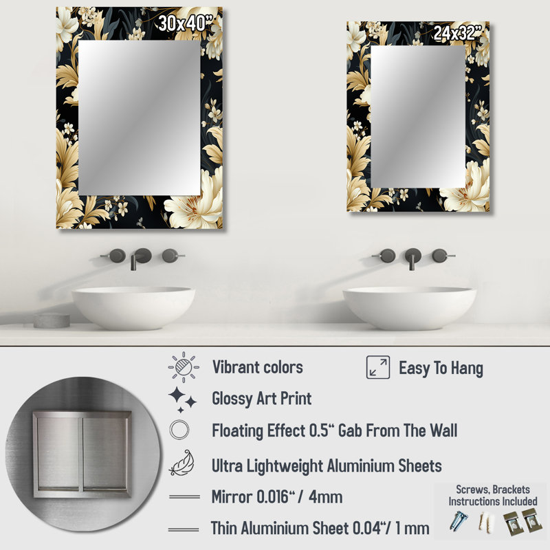 Élégance florale grise et blanche de Brettley - miroir floral, miroir mural Cottage, 32 po x 24 po