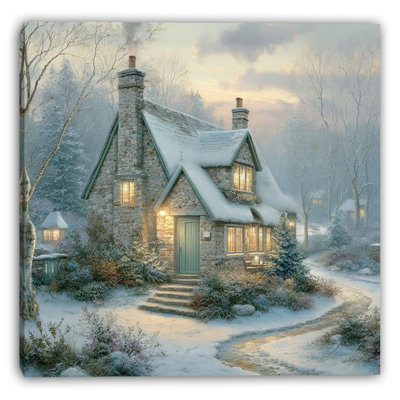 Evening Glow Winter Cottage Wrapped Canvas Wall Art