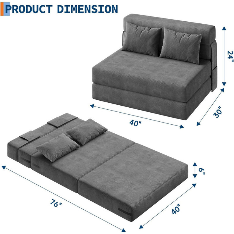Canapé-lit et chaise-lit pliant Boneless 4-en-1, causeuse convertible avec coussin, sol gris foncé