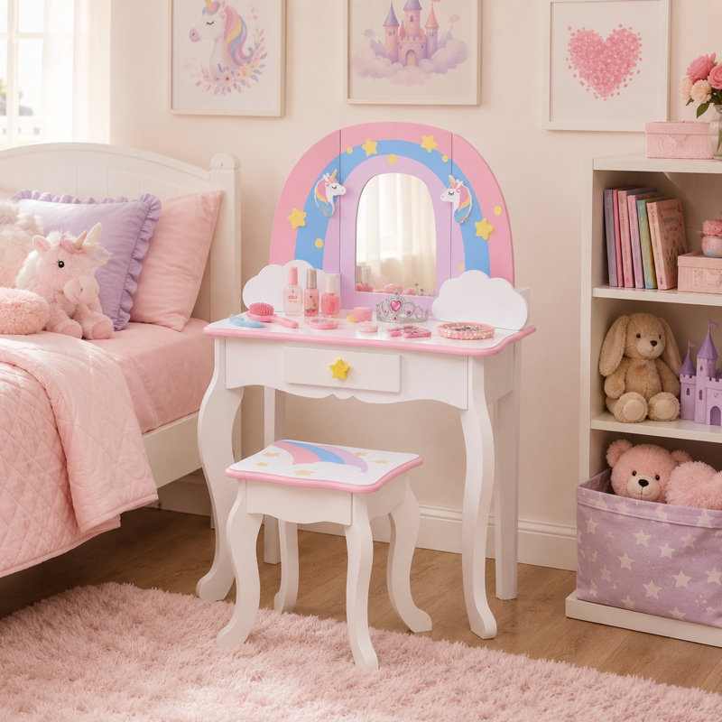  Teamson Kids Little Dreamer Rainbow Unicorn 2-pc. Wooden Vanity Table & Stool Set with Mirror and Storage Drawers
