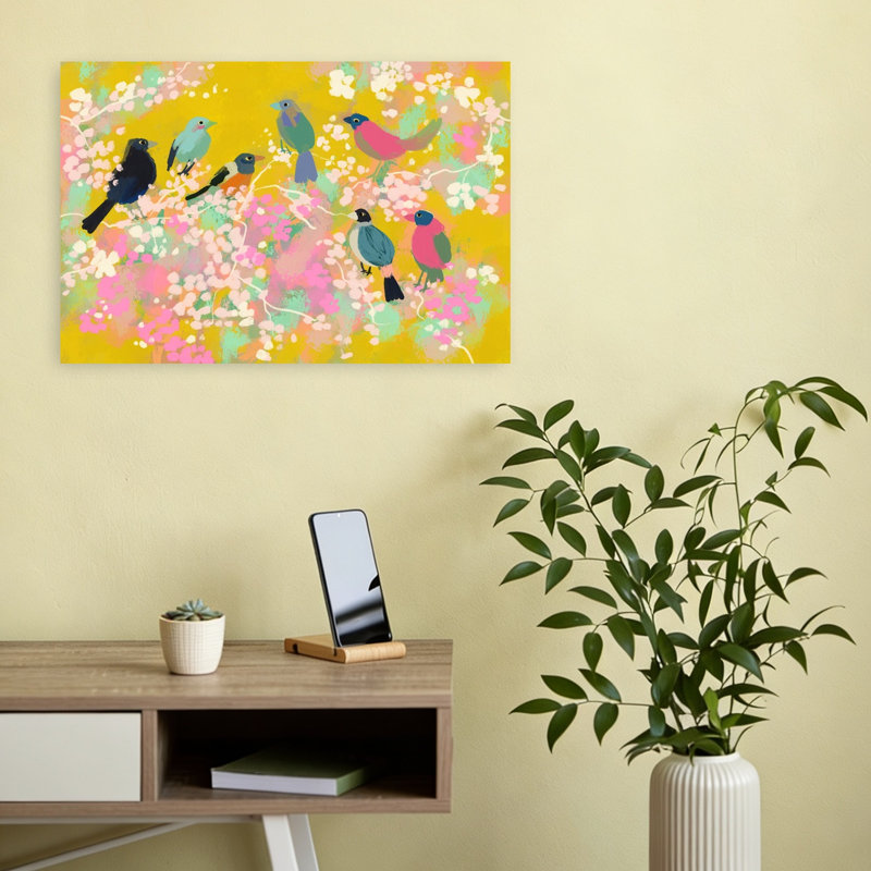 «Vibrant Spring Birds», art mural coloré et fantaisiste