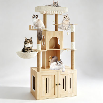 Arbre à chat à plusieurs niveaux avec bac à litière - bac à litière caché, perchoir souple, poteaux à griffer en sisal, condo et hamac pour grands chats d'intérieur - mobilier de tour de chat moderne - couleur bois naturel