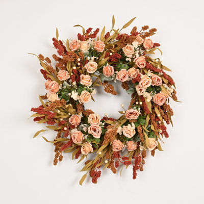 24 po, ferme artificielle, récolte d'automne, verdure, feuilles, grappes de baies, rose, automne, couronne florale, décor de l'Action de grâce