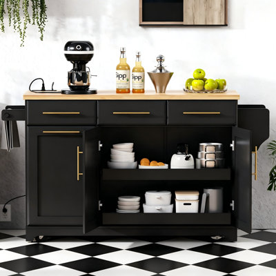  Chariot pour îlot de cuisine 59,3 po en bois d'hévéa avec abattant, prise de courant, organisateurs coulissants, rangement caché pour les déchets, porte-épices et serviettes pour la cuisine