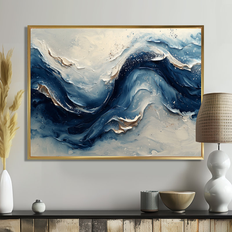 Encre bleue et grise, vagues de la rivière - peinture abstraite, art mural, Cadre flottant, H 12 po x l 20 po, Doré