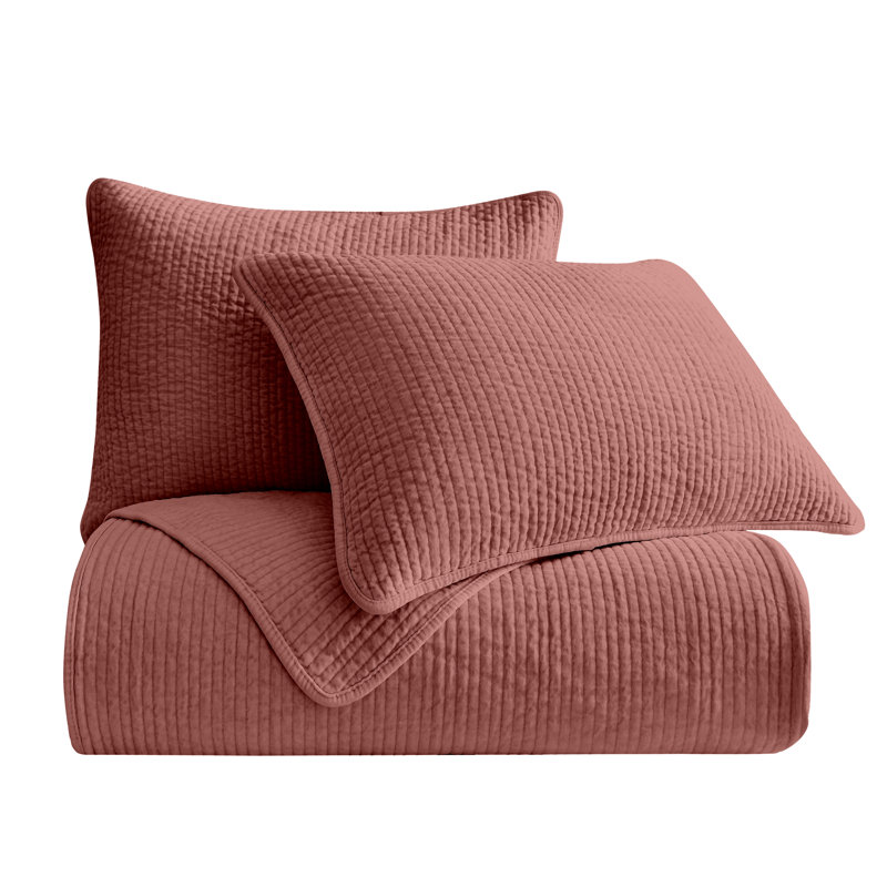 Ensemble de courtepointe rustique en velours de coton Stonewashed, Courtepointe pour lit double/grand et 2 taies déc, Saumon