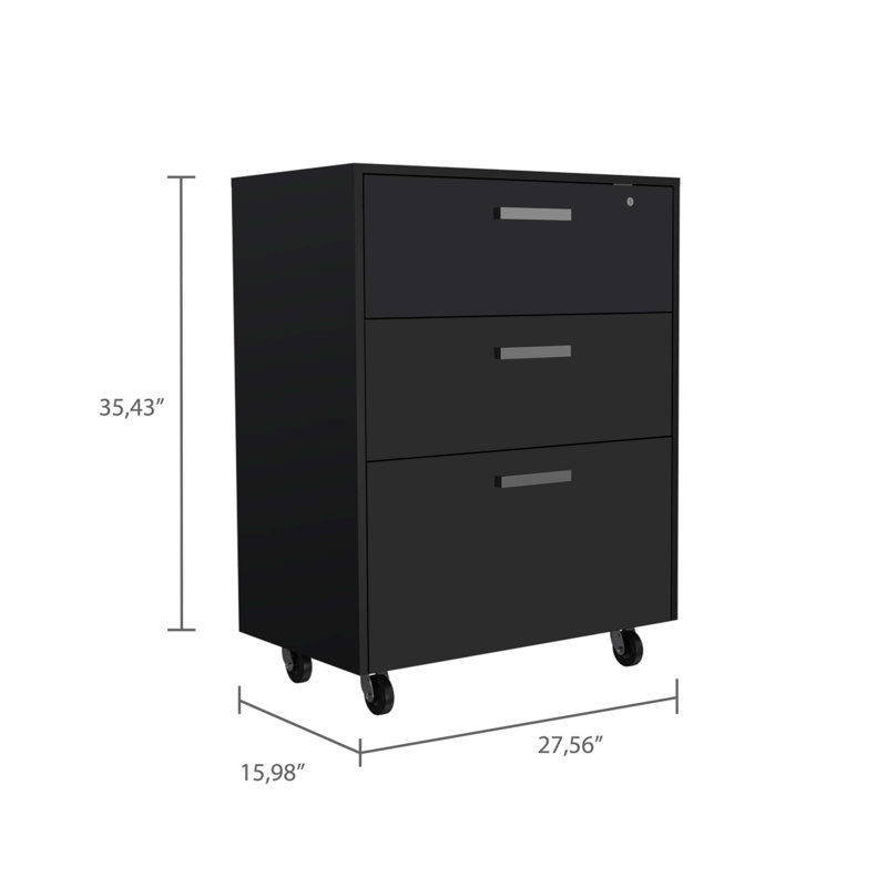 Three Drawer Base Cabinet  With Caster, Lock And Full Extension Rails Fr Garage Storage System Black