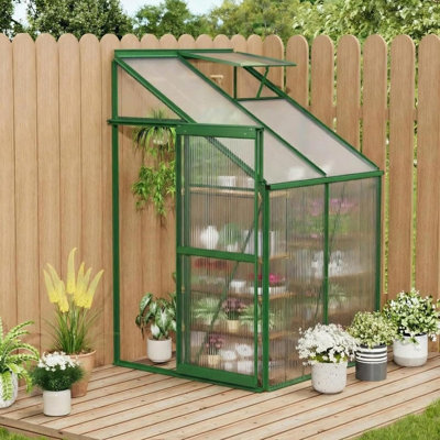 4x4' Lean-to Greenhouse Kit with Polycarbonate Panels, Adjustable Roof Vent, Sliding Door for Backyard, Deck & Patio