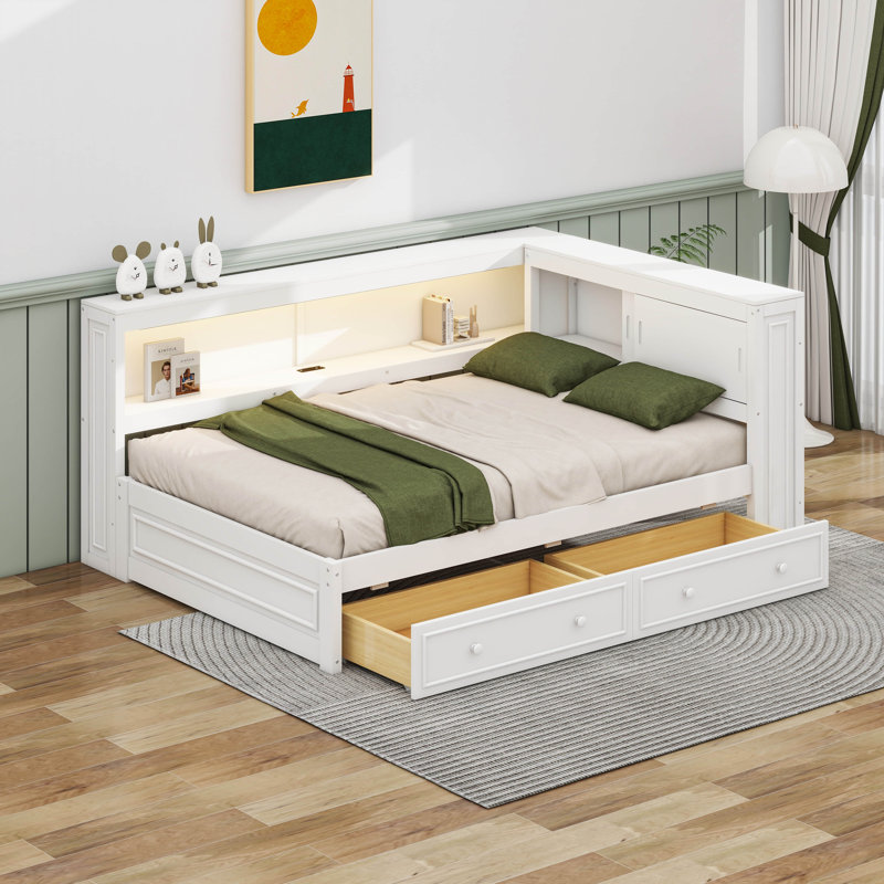 Full Size Wood Daybed With Storage Shelves, USB, LED, And 2 Drawers, White