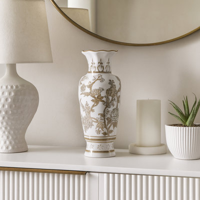Decorative Bird And Vines Chinoiserie Vase For Home Decor - Contemporary Ceramic Tall Table Vase For Living Room Or Office Spaces - 13", White & Brown