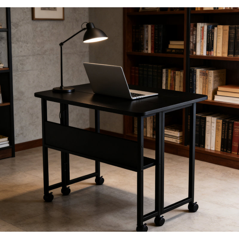 Petit bureau pliant de 31,5 pouces pour le salon de la cuisine comme bureau de jeu, Desert Lodge, bureau pliable noir à espace triangulaire avec tablettes, style européen,