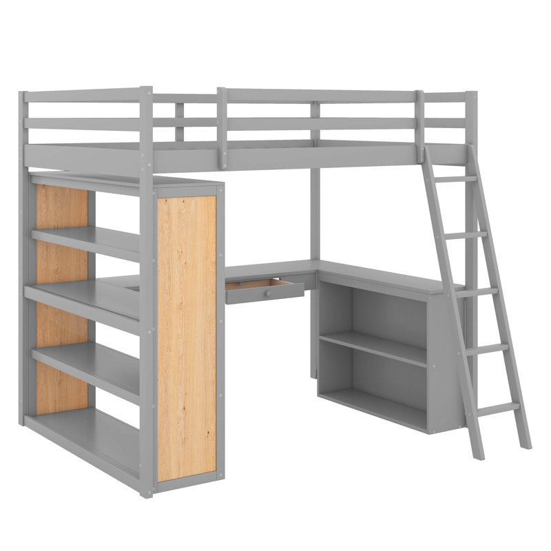 Lit mezzanine avec tablettes et bureau, Gris, Double