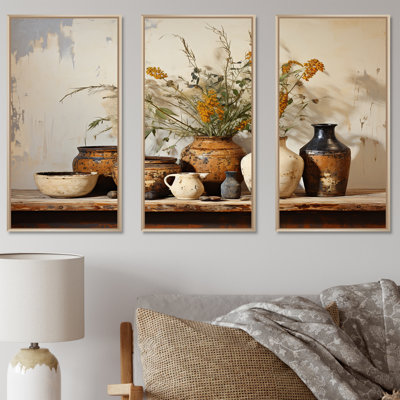 Art floral brun, poterie rétro, art mural Boho