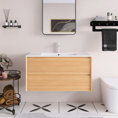 Meuble-lavabo mural en céramique blanc à grain de bois