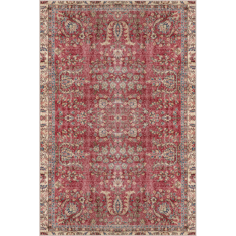 Tapis décoratif rouge à motif floral traditionnel, Rectangle 3 pi 11,24 po x 5 pi 10,87 po